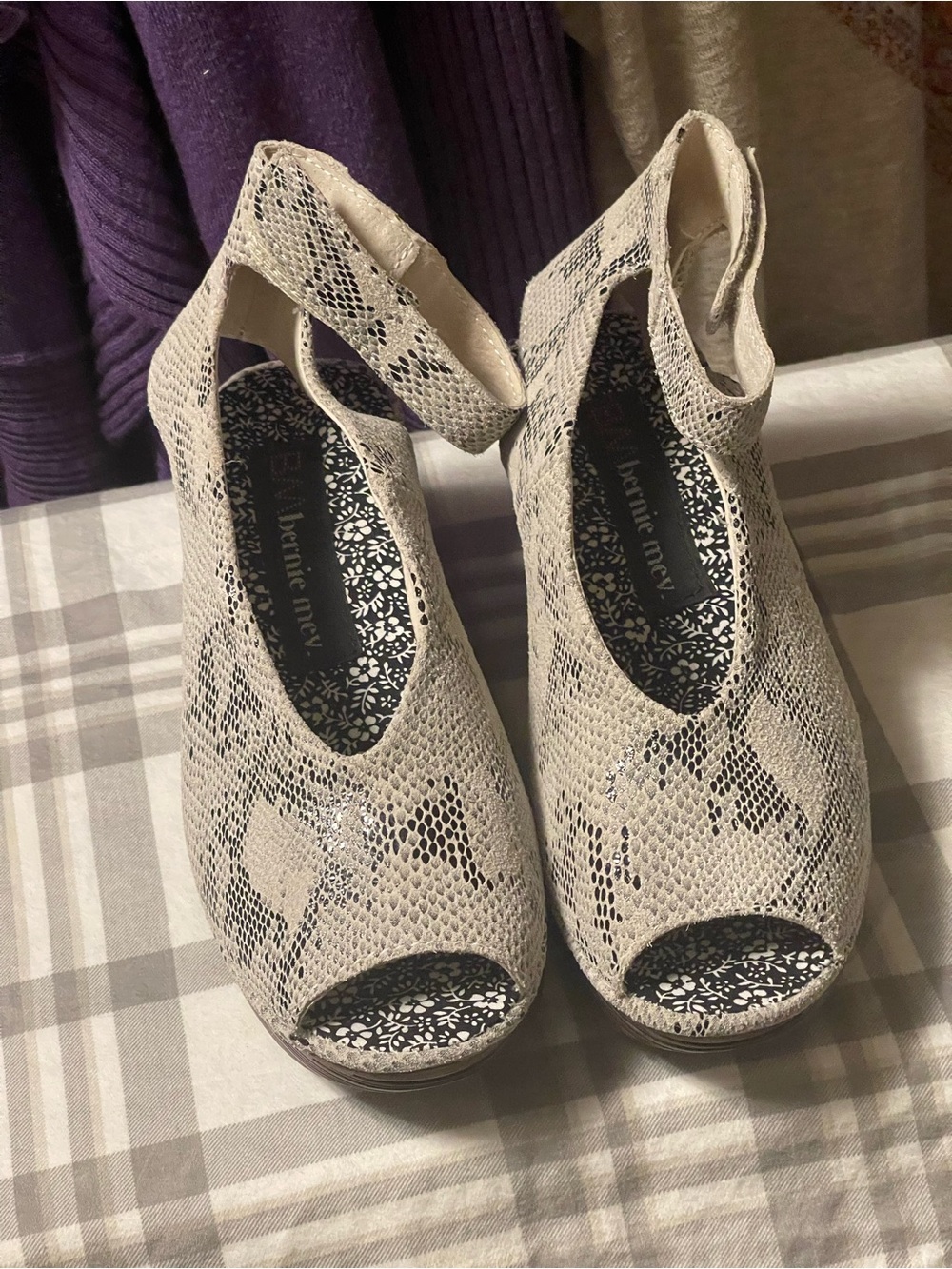 bernie mev. Neutral Snake-Print Peep Toe Heels